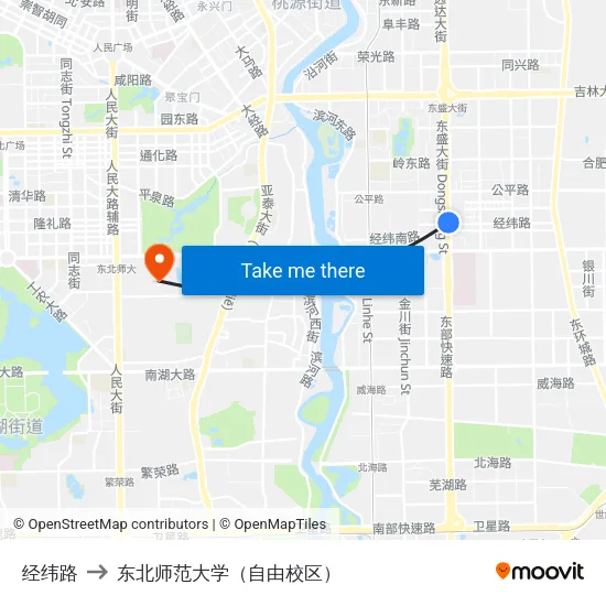 经纬路 to 东北师范大学（自由校区） map