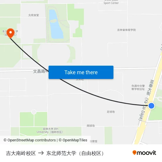吉大南岭校区 to 东北师范大学（自由校区） map