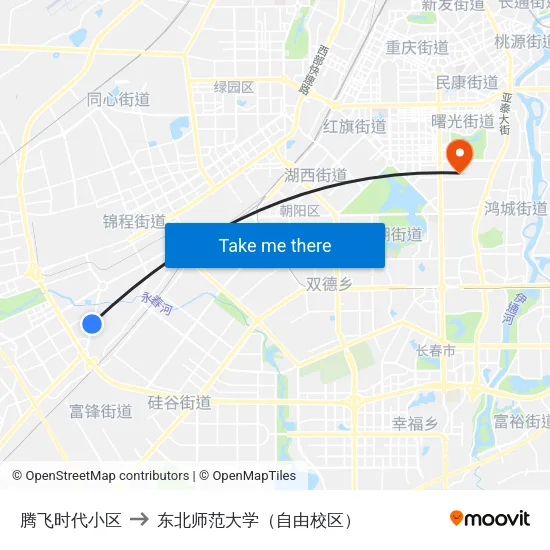 腾飞时代小区 to 东北师范大学（自由校区） map