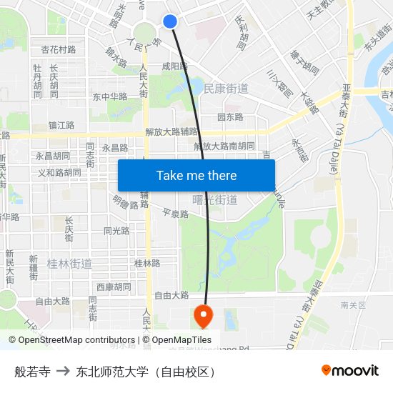 般若寺 to 东北师范大学（自由校区） map