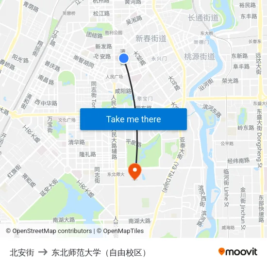 北安街 to 东北师范大学（自由校区） map