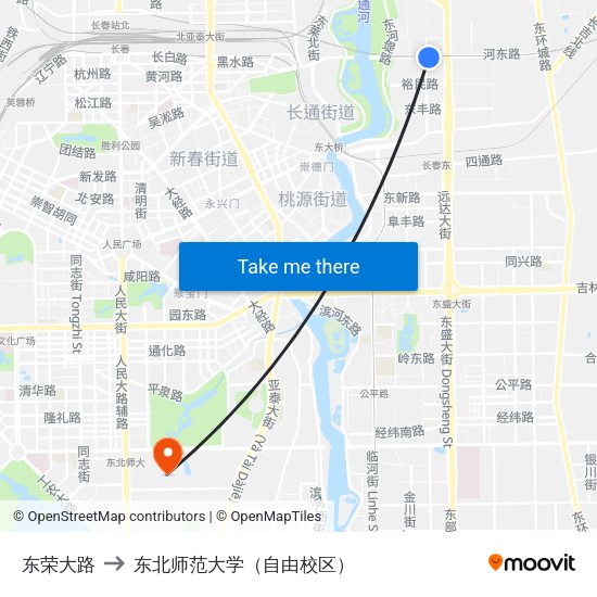 东荣大路 to 东北师范大学（自由校区） map