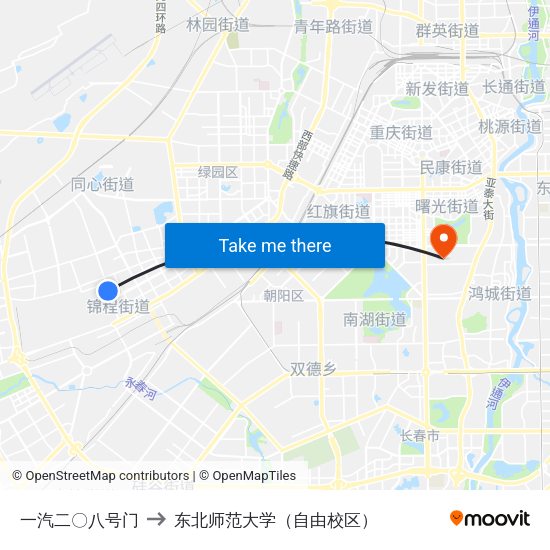一汽二〇八号门 to 东北师范大学（自由校区） map