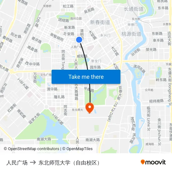 人民广场 to 东北师范大学（自由校区） map