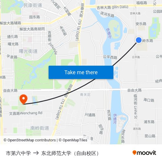 市第六中学 to 东北师范大学（自由校区） map