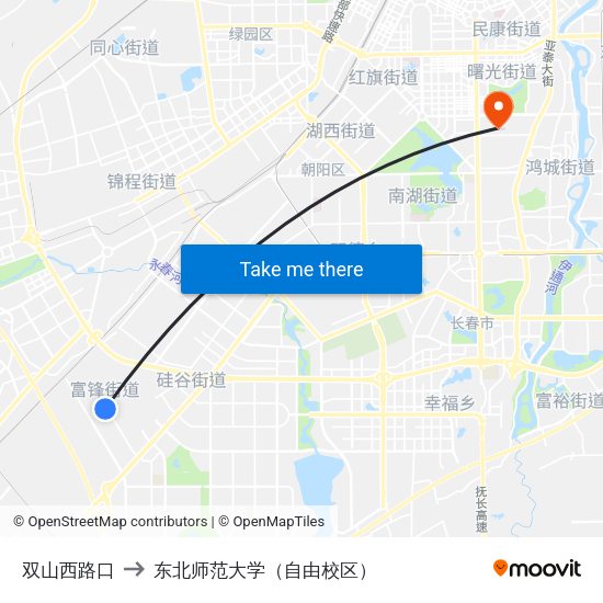 双山西路口 to 东北师范大学（自由校区） map