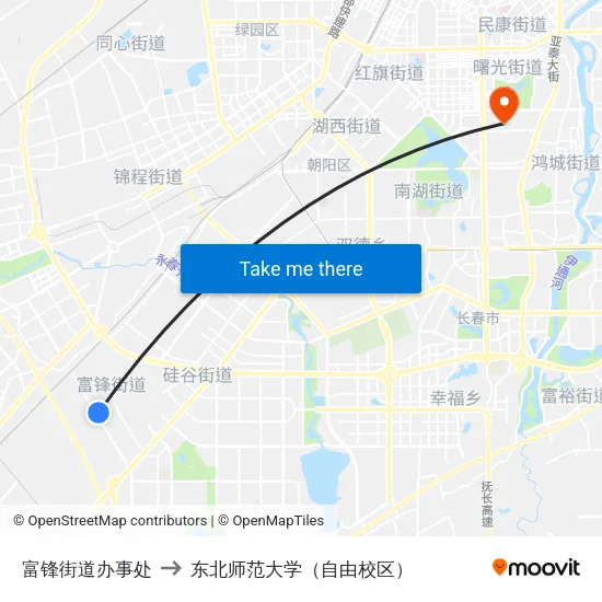 富锋街道办事处 to 东北师范大学（自由校区） map