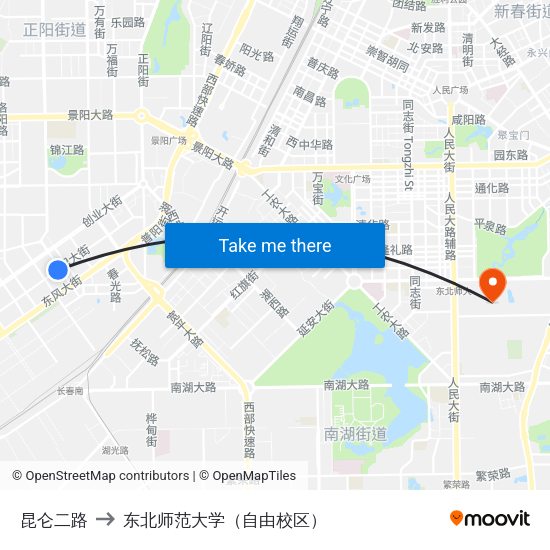 昆仑二路 to 东北师范大学（自由校区） map