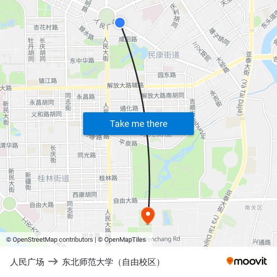 人民广场 to 东北师范大学（自由校区） map