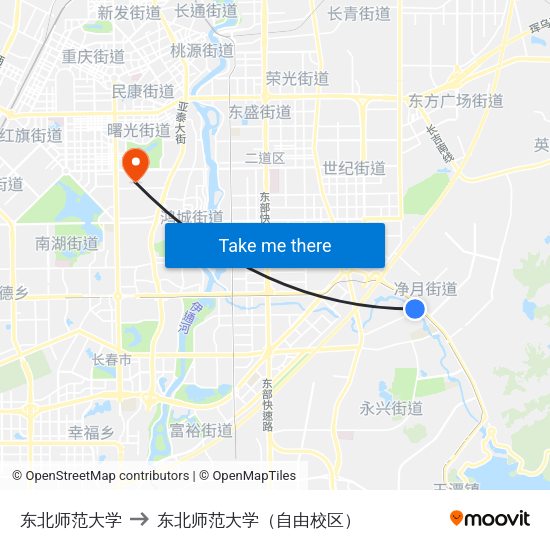 东北师范大学 to 东北师范大学（自由校区） map