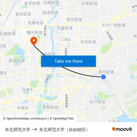 东北师范大学 to 东北师范大学（自由校区） map