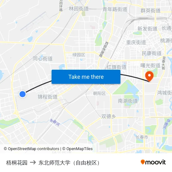 梧桐花园 to 东北师范大学（自由校区） map