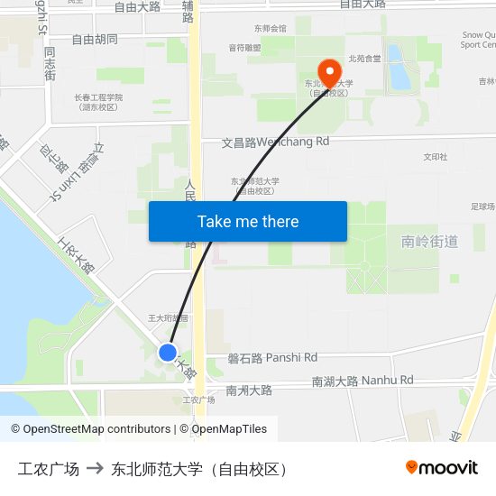 工农广场 to 东北师范大学（自由校区） map