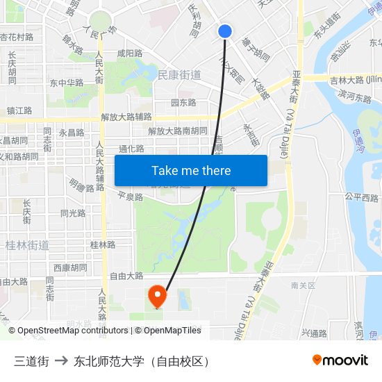 三道街 to 东北师范大学（自由校区） map