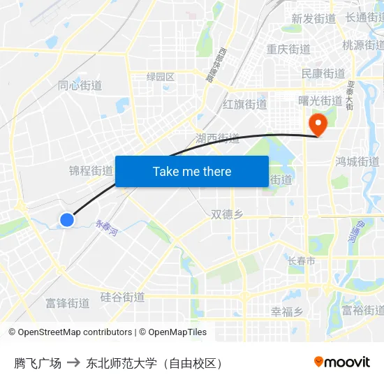 腾飞广场 to 东北师范大学（自由校区） map