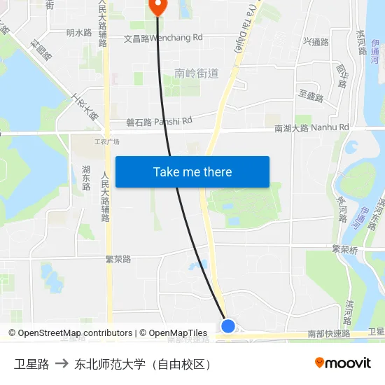 卫星路 to 东北师范大学（自由校区） map