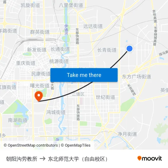 朝阳沟劳教所 to 东北师范大学（自由校区） map