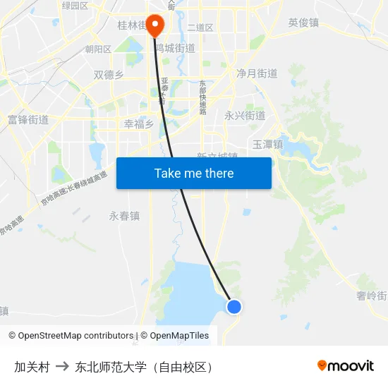 加关村 to 东北师范大学（自由校区） map