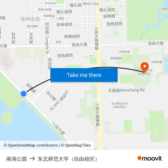 南湖公园 to 东北师范大学（自由校区） map