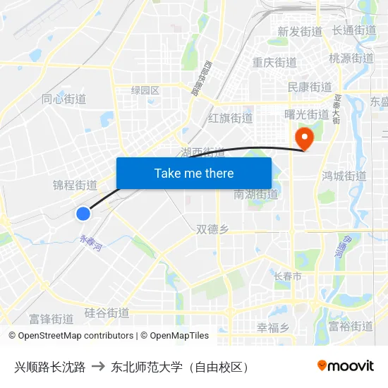 兴顺路长沈路 to 东北师范大学（自由校区） map