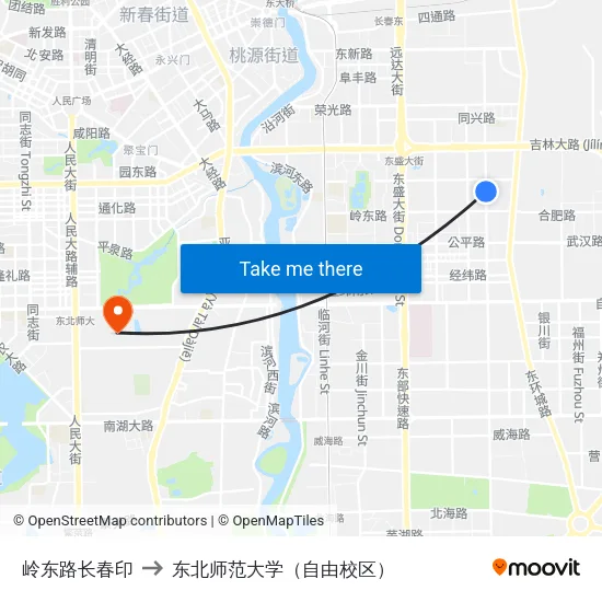 岭东路长春印 to 东北师范大学（自由校区） map
