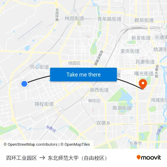 四环工业园区 to 东北师范大学（自由校区） map