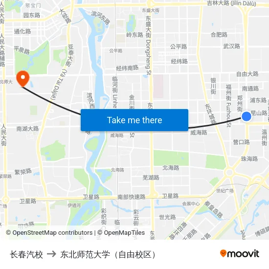 长春汽校 to 东北师范大学（自由校区） map
