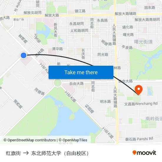 红旗街 to 东北师范大学（自由校区） map