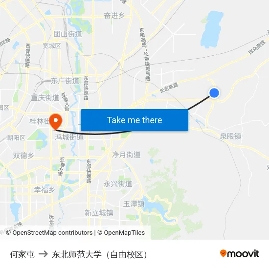 何家屯 to 东北师范大学（自由校区） map