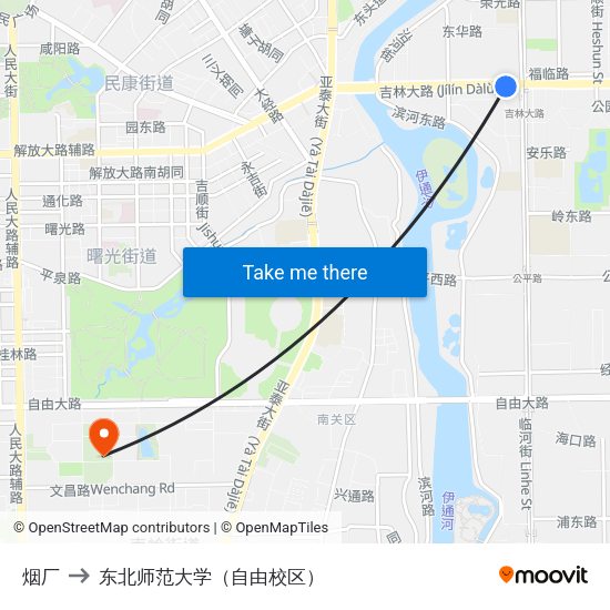 烟厂 to 东北师范大学（自由校区） map