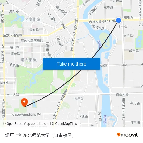 烟厂 to 东北师范大学（自由校区） map