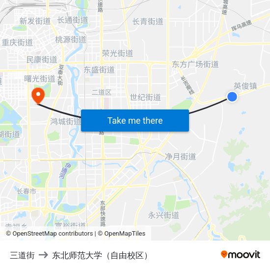 三道街 to 东北师范大学（自由校区） map