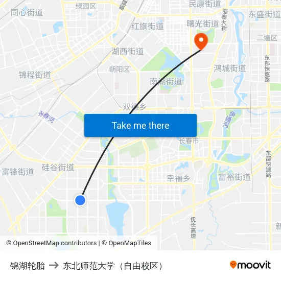 锦湖轮胎 to 东北师范大学（自由校区） map