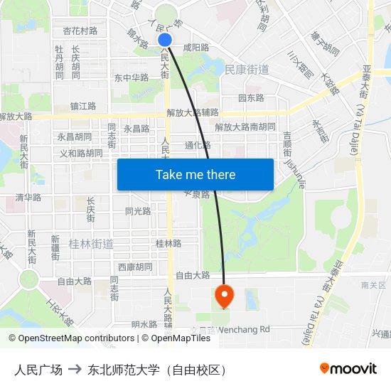 人民广场 to 东北师范大学（自由校区） map