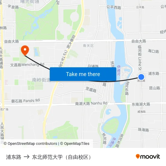 浦东路 to 东北师范大学（自由校区） map