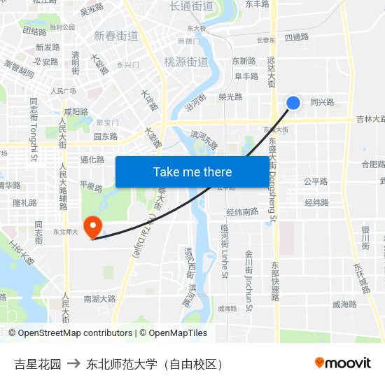 吉星花园 to 东北师范大学（自由校区） map