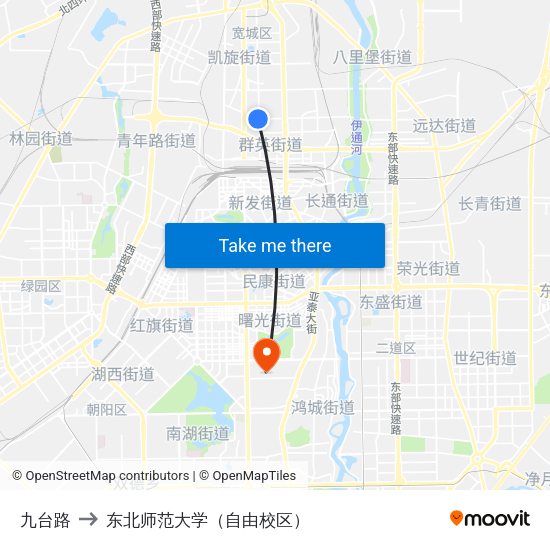 九台路 to 东北师范大学（自由校区） map