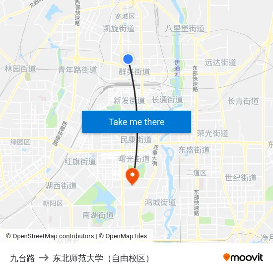 九台路 to 东北师范大学（自由校区） map
