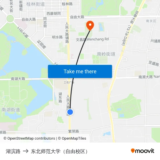 湖滨路 to 东北师范大学（自由校区） map