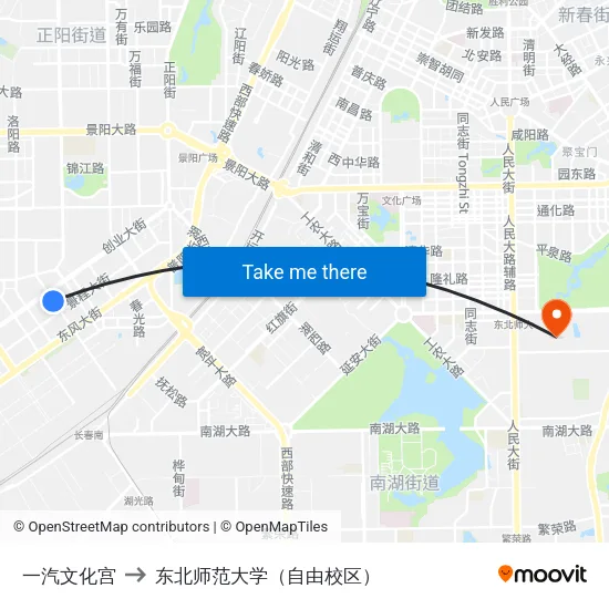 一汽文化宫 to 东北师范大学（自由校区） map