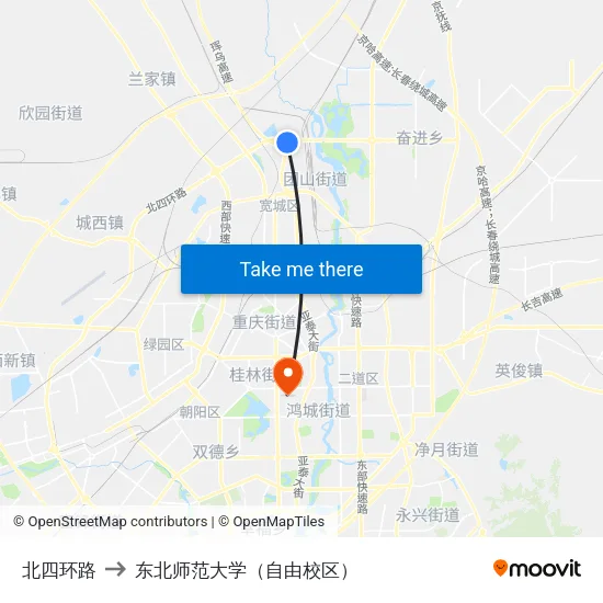 北四环路 to 东北师范大学（自由校区） map