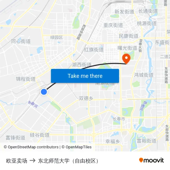 欧亚卖场 to 东北师范大学（自由校区） map