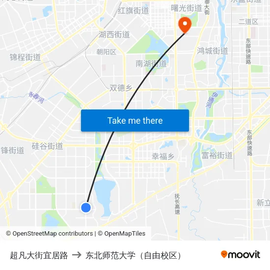 超凡大街宜居路 to 东北师范大学（自由校区） map