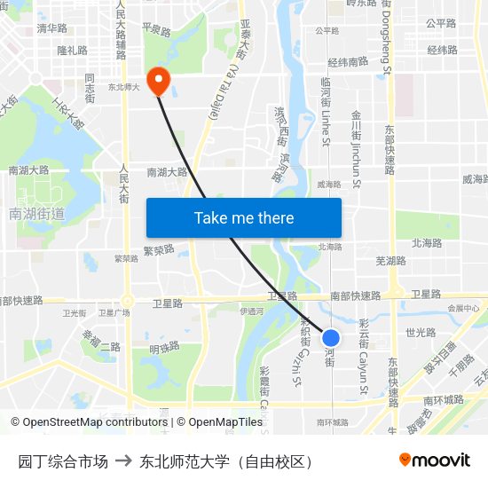 园丁综合市场 to 东北师范大学（自由校区） map