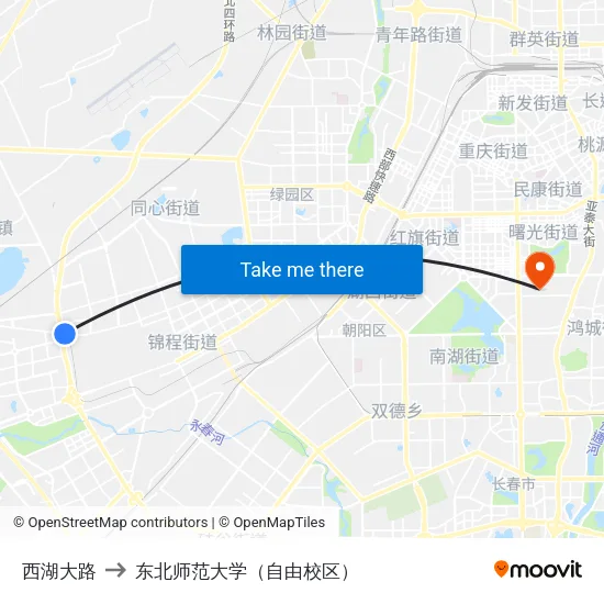 西湖大路 to 东北师范大学（自由校区） map