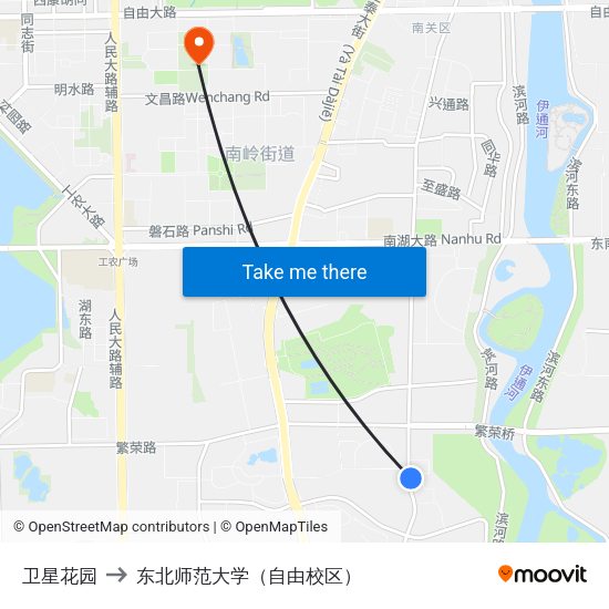 卫星花园 to 东北师范大学（自由校区） map