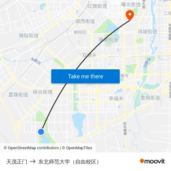 天茂正门 to 东北师范大学（自由校区） map