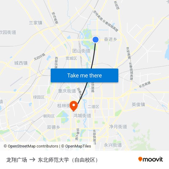 龙翔广场 to 东北师范大学（自由校区） map