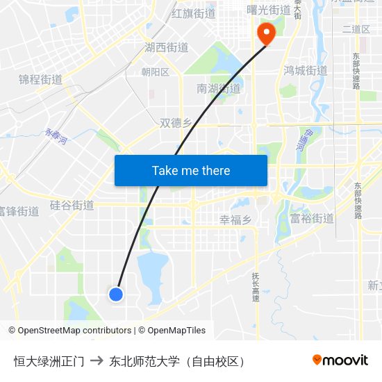 恒大绿洲正门 to 东北师范大学（自由校区） map