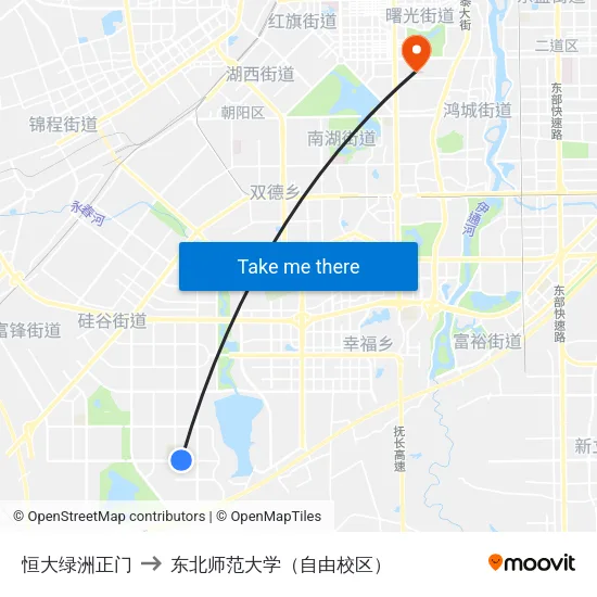 恒大绿洲正门 to 东北师范大学（自由校区） map